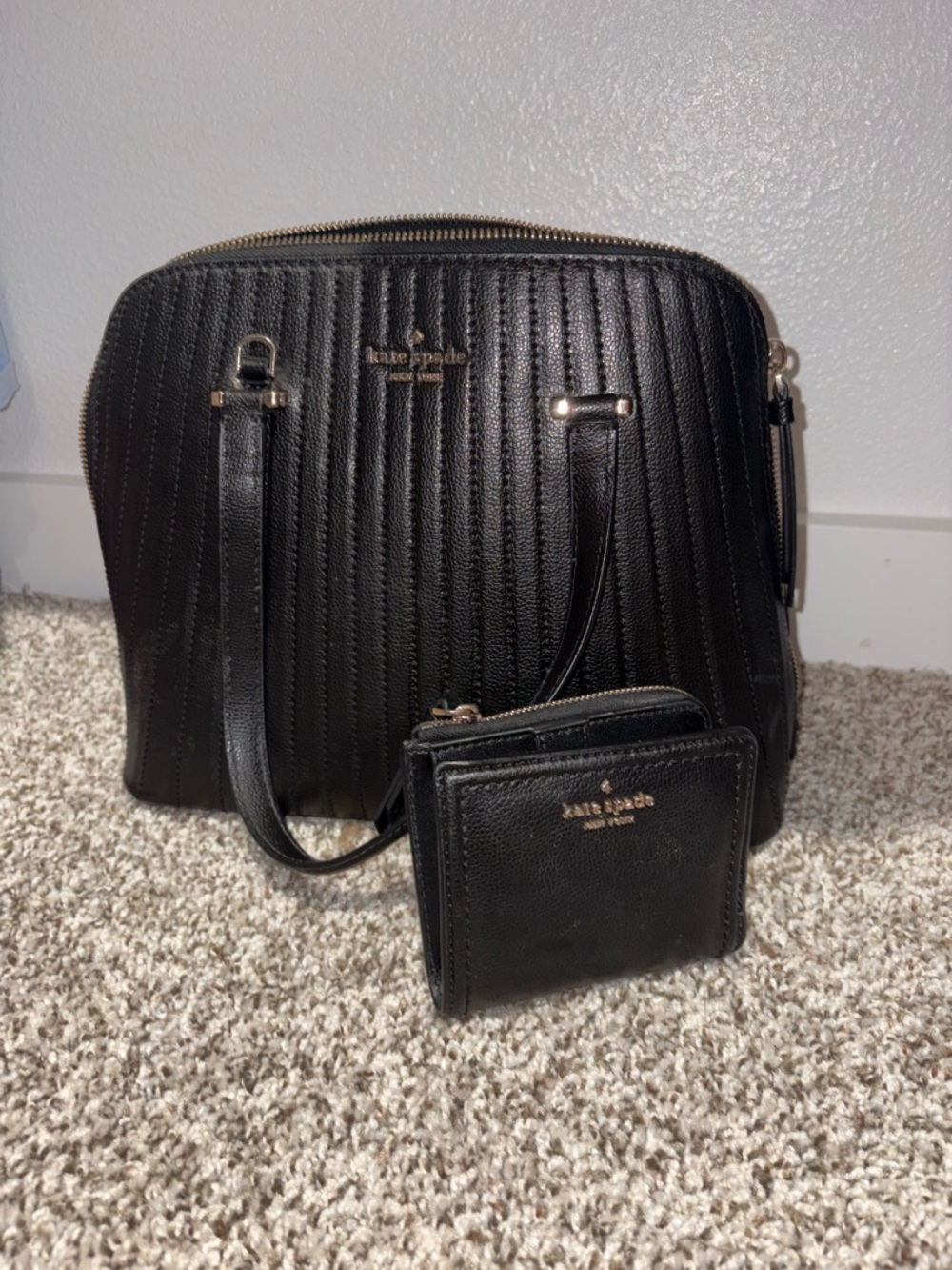 kate spade Black Quilted Leather Satchel with Matching Wallet